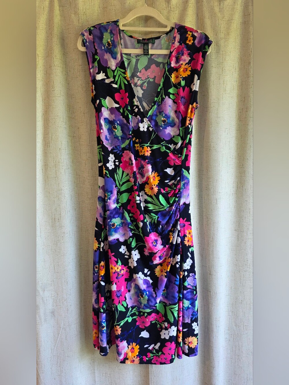 Lauren Ralph Lauren Black Floral V-Neck Dress with Purple and Pink Blooms